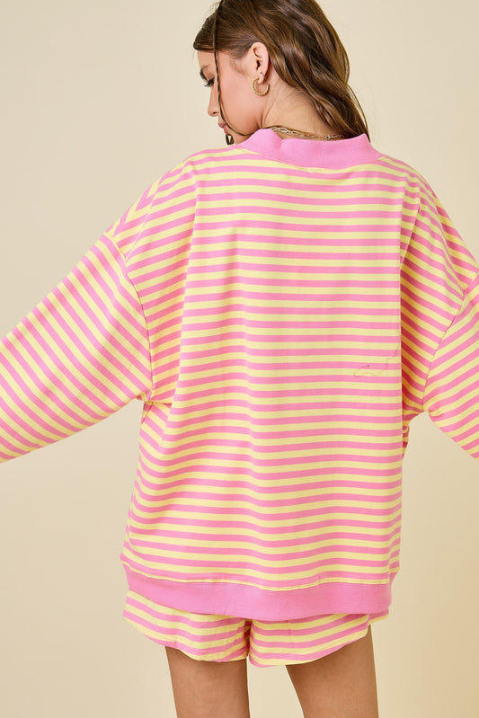 Striped Mock Neck Terry - Lemon/Pink