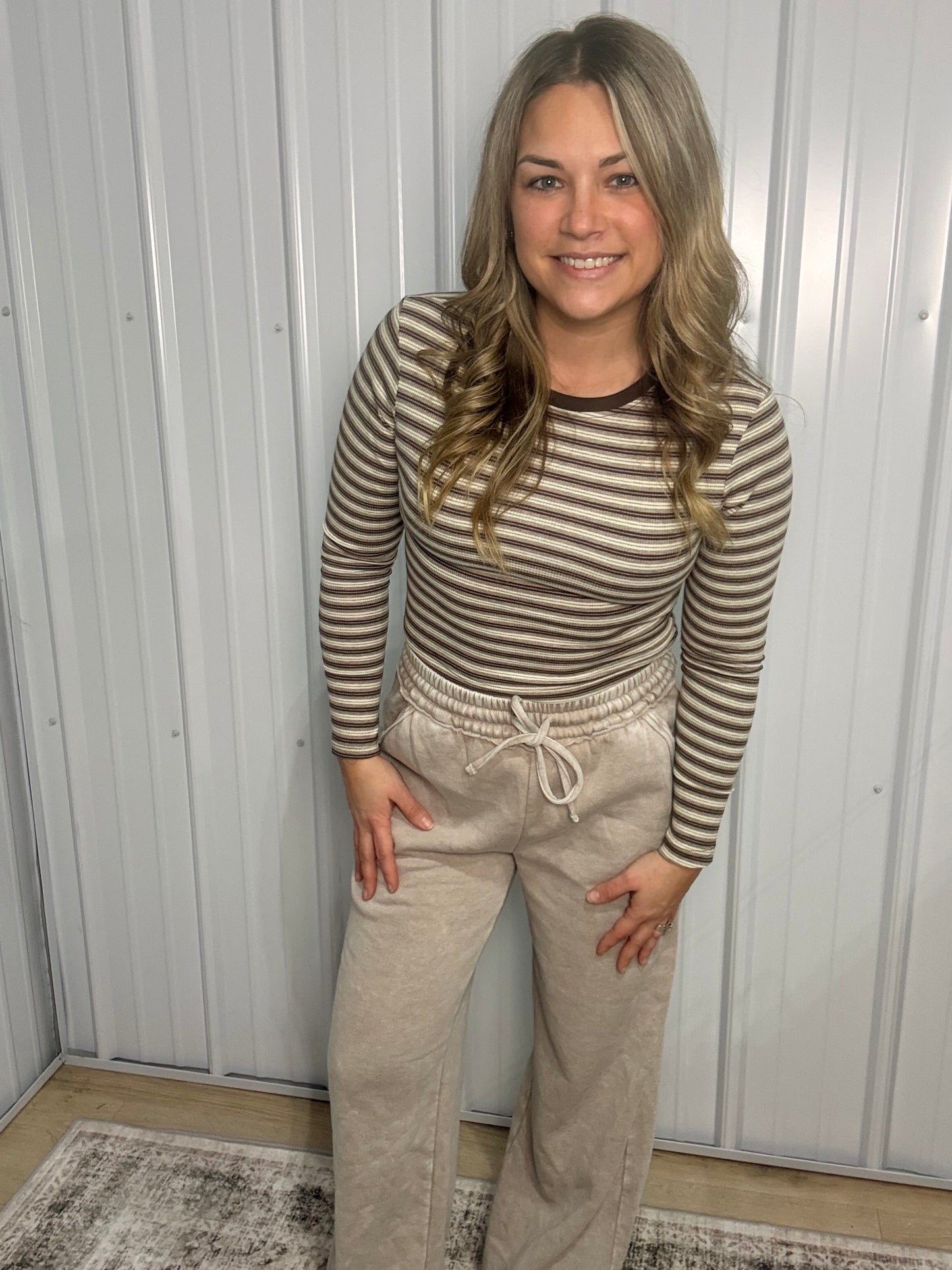 Striped Ribbed Long Sleeve - Taupe