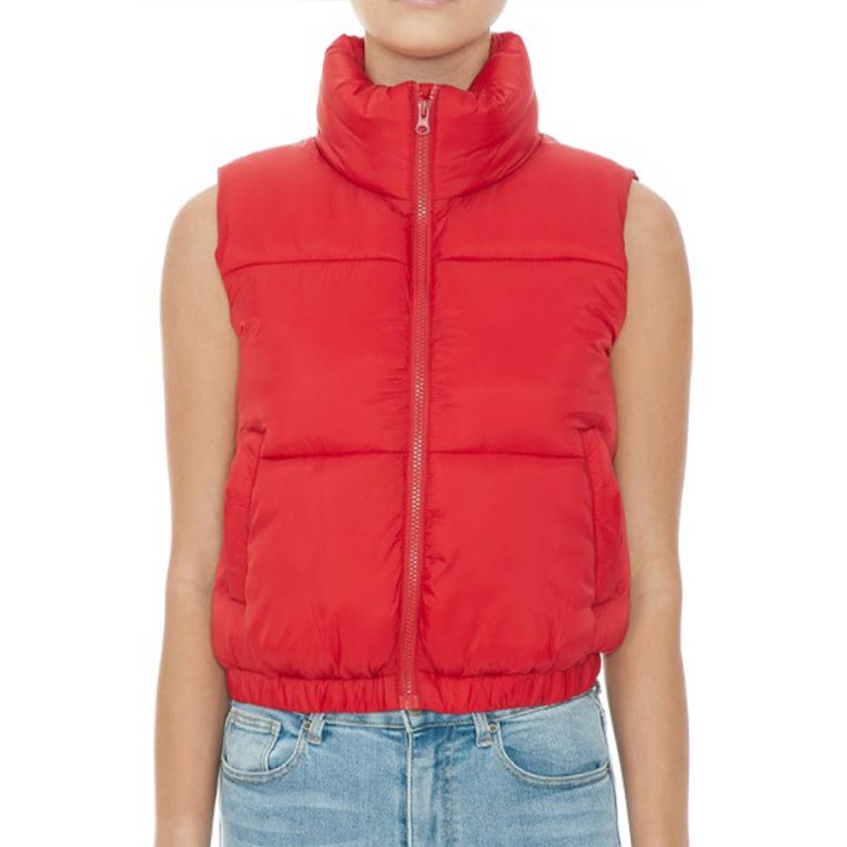 High Neck Faux Down Puffer Vest - DEEP RED