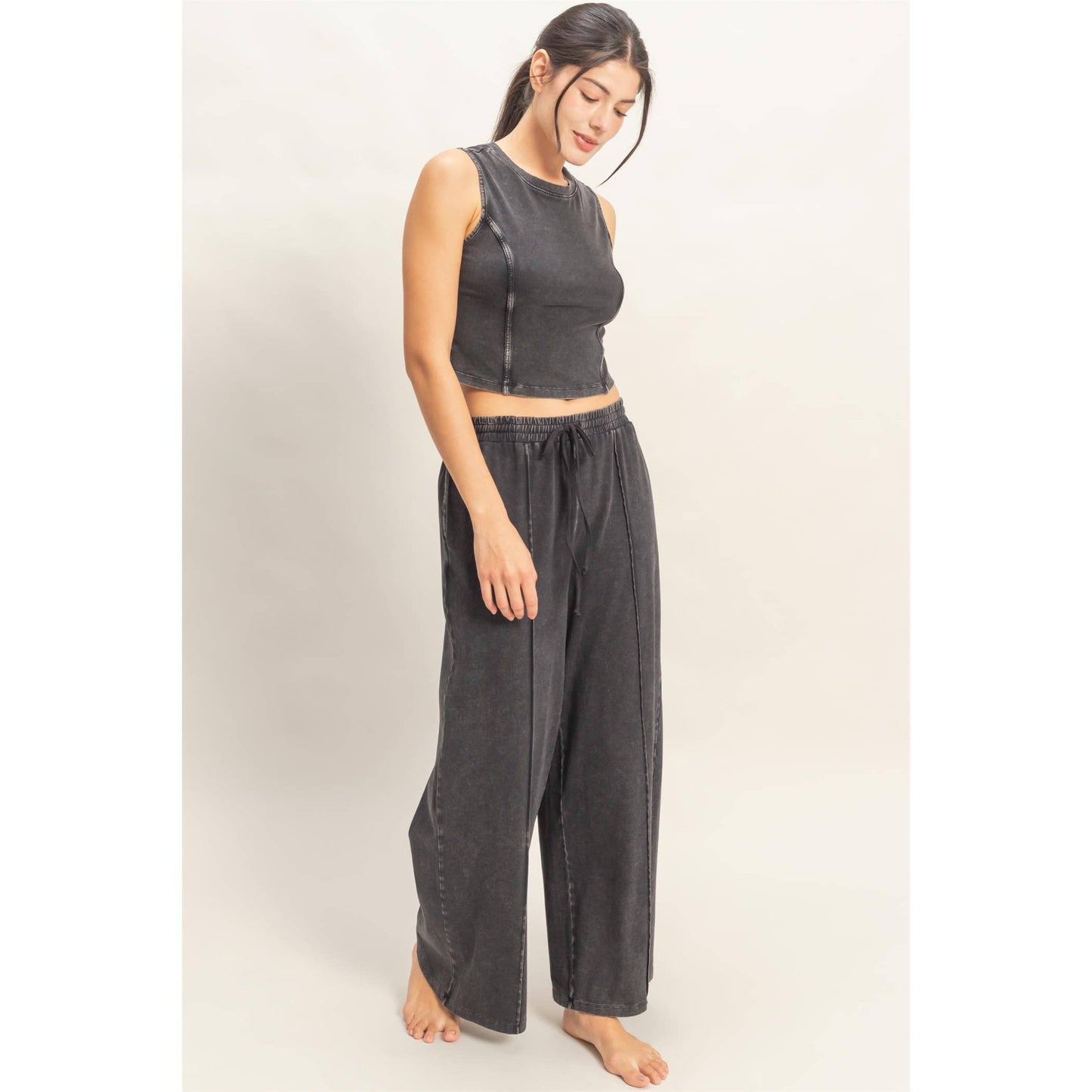 Mineral Washed Wide Leg Pants Set - BLACK