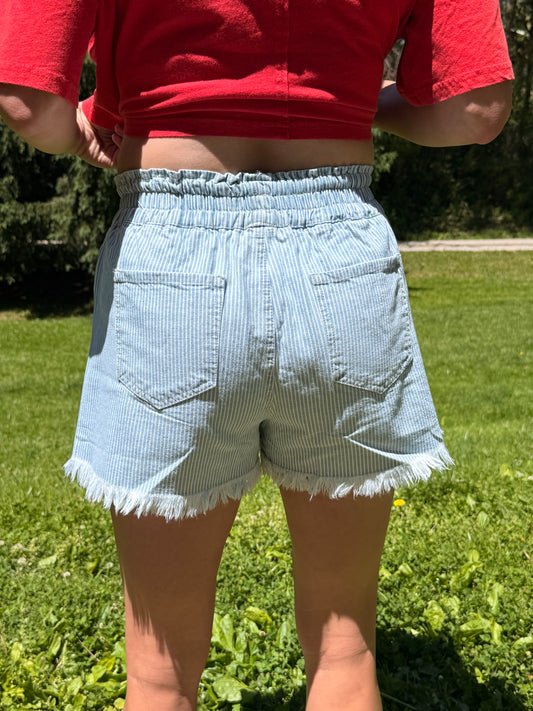 Stripe Raw Edge Drawstring Denim Shorts