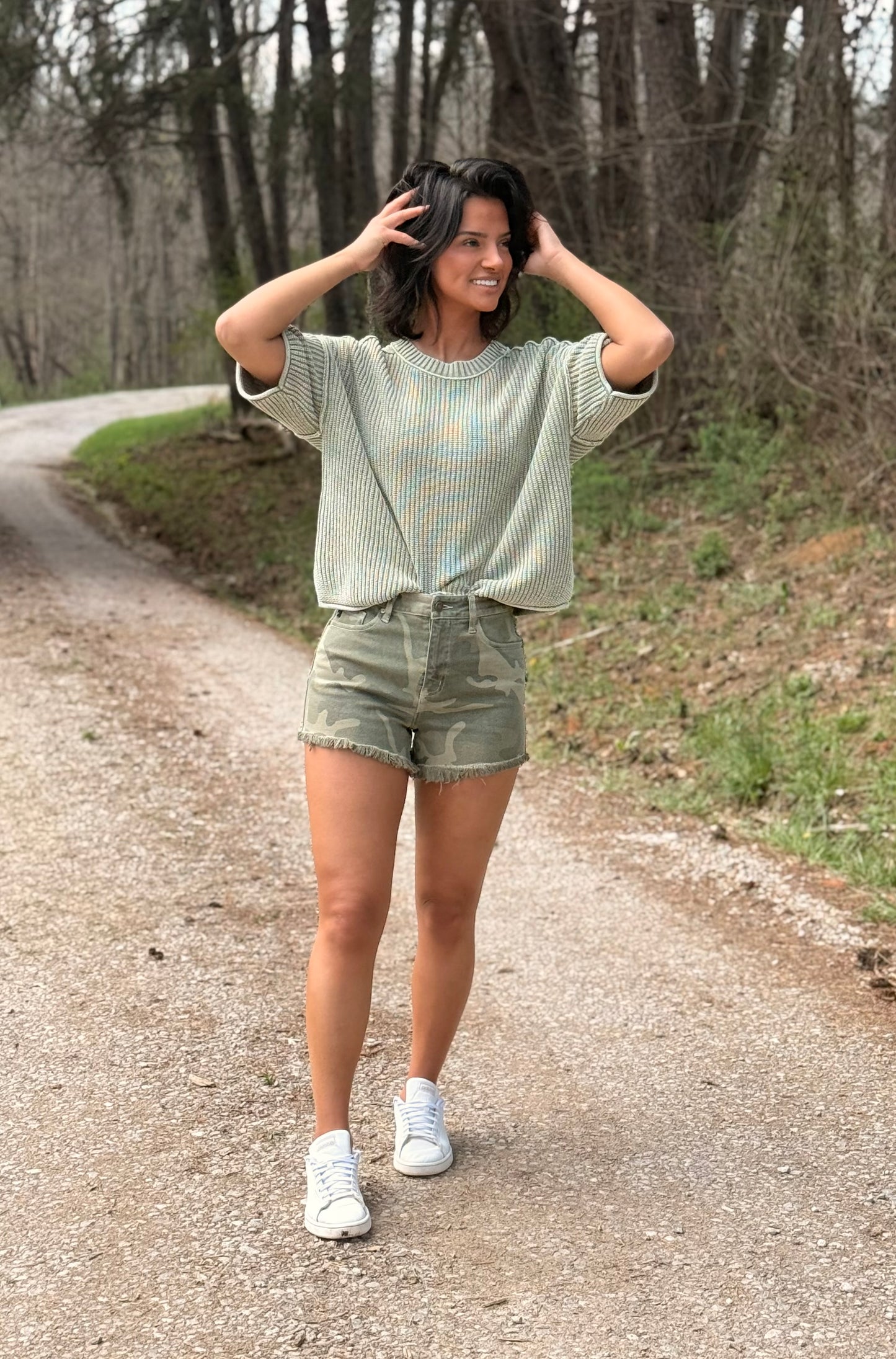 Washed short sleeve boxy knit : Light Olive