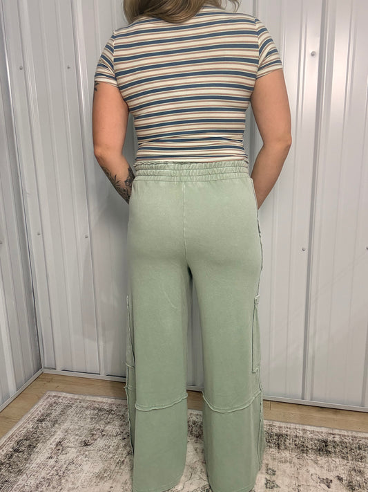 Mineral Wash Wide Leg Cargo Pant - Sage Green