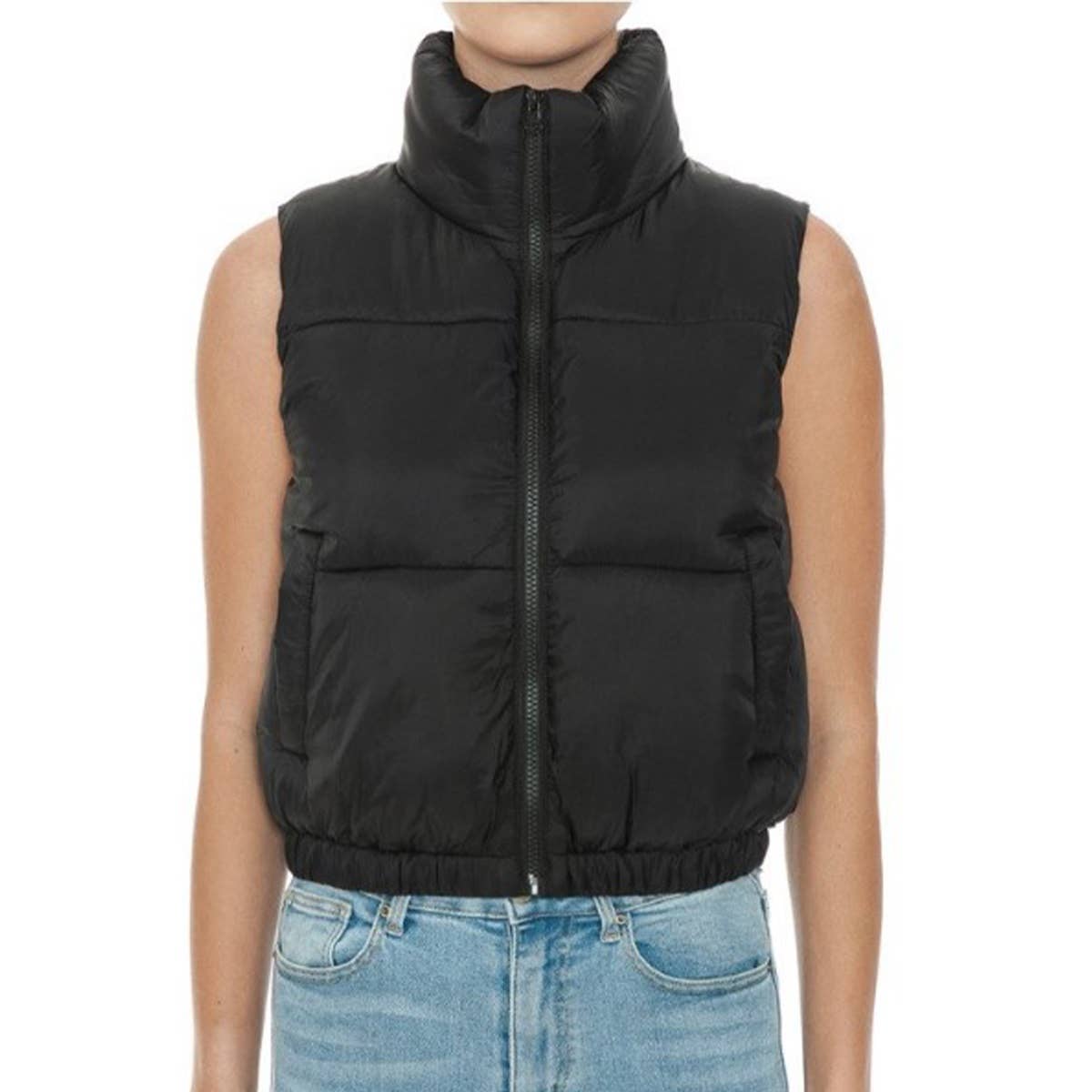 High Neck Faux Down Puffer Vest - BLACK