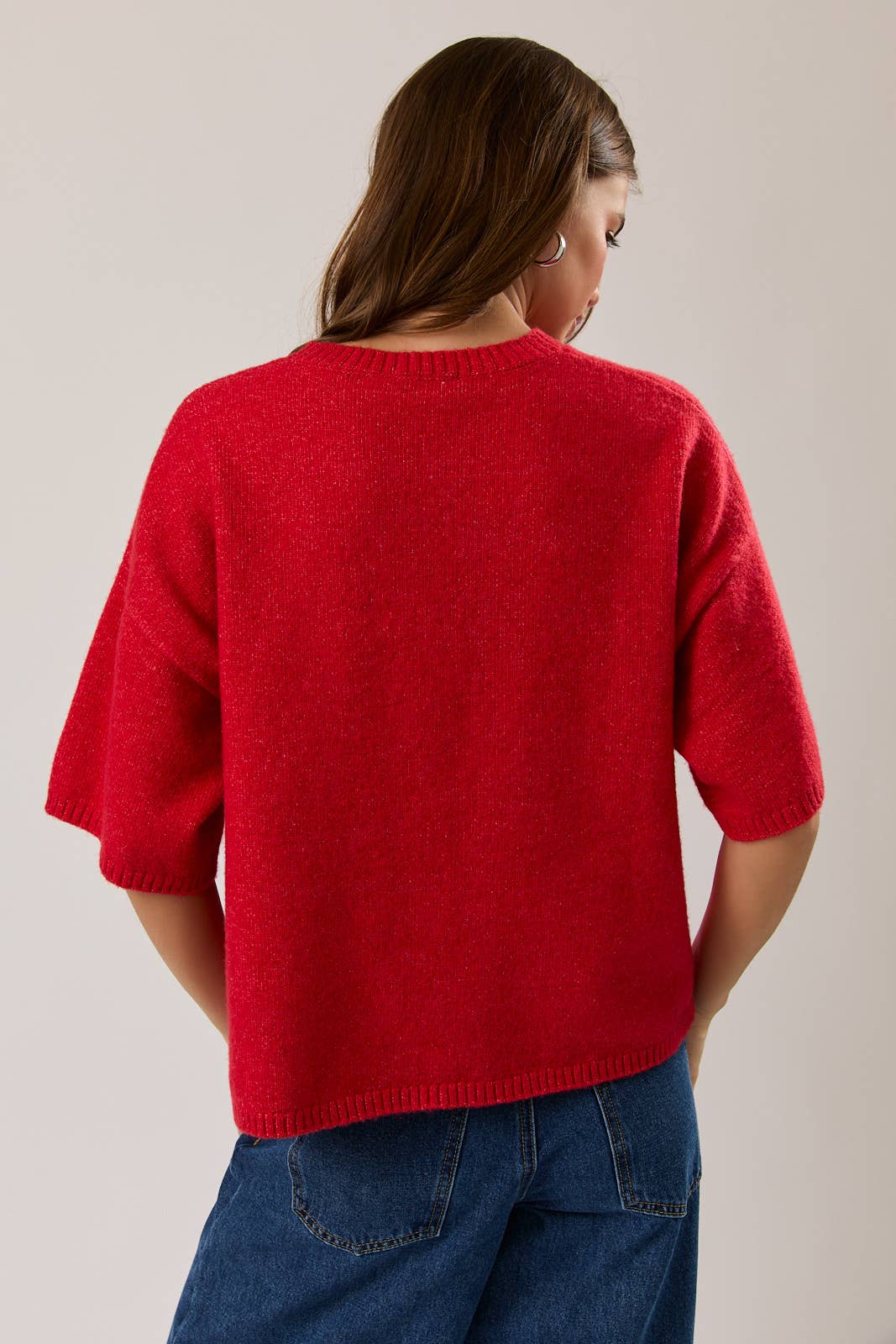 SHORT SLEEVE CREW NECK BOXY SWEATER TOP: Red