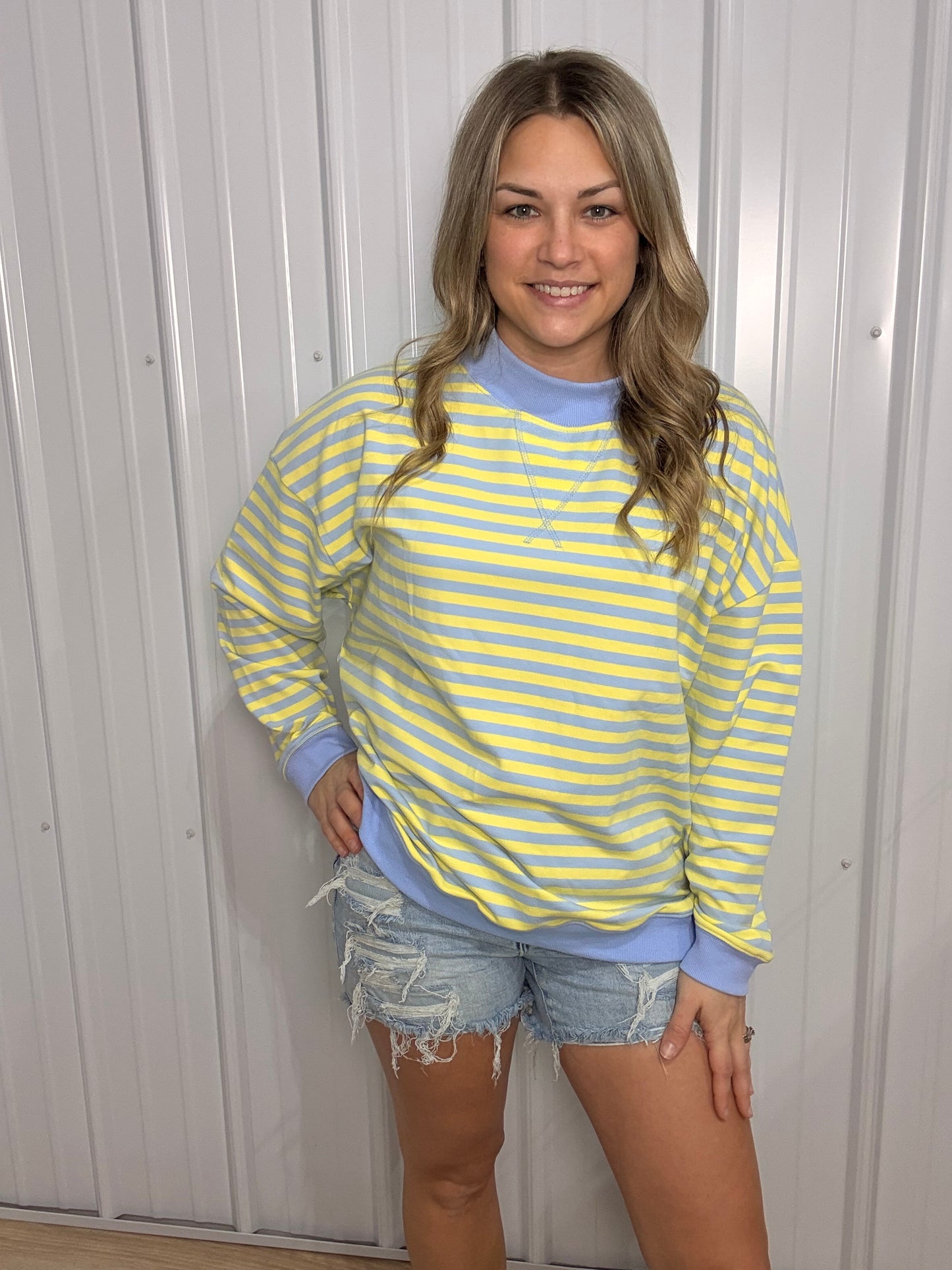Striped Mock Neck Terry - Lemon/Blue