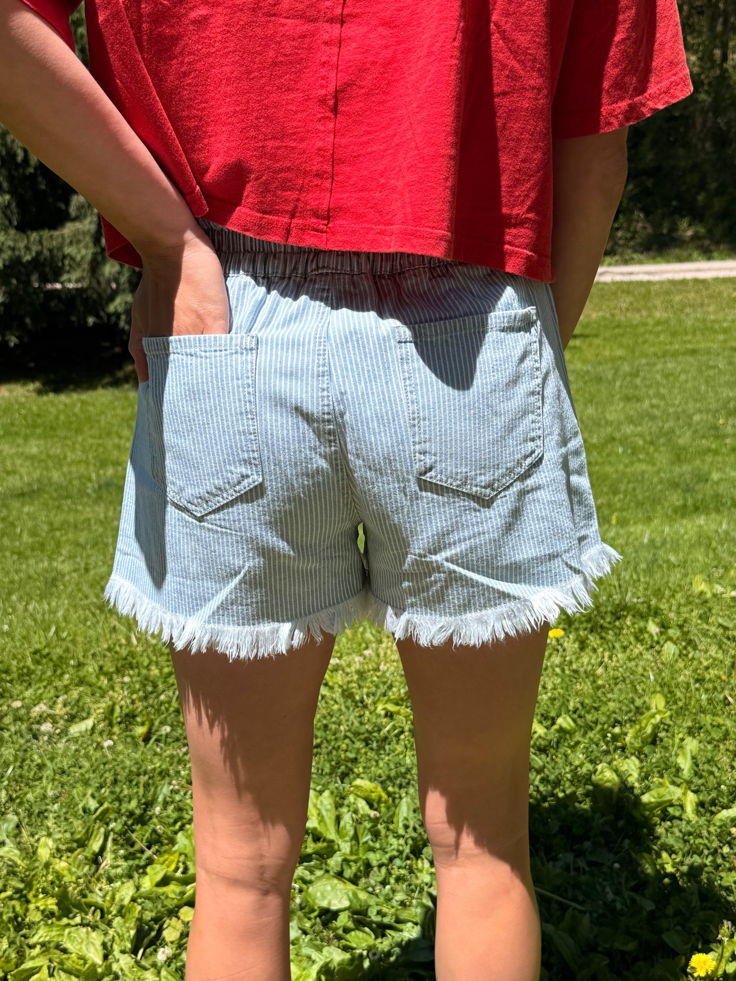 Stripe Raw Edge Drawstring Denim Shorts