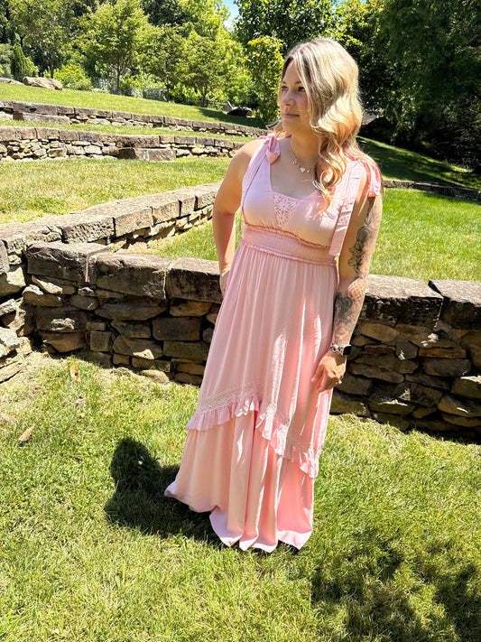 LACE INSET MAXI DRESS - Light Pink