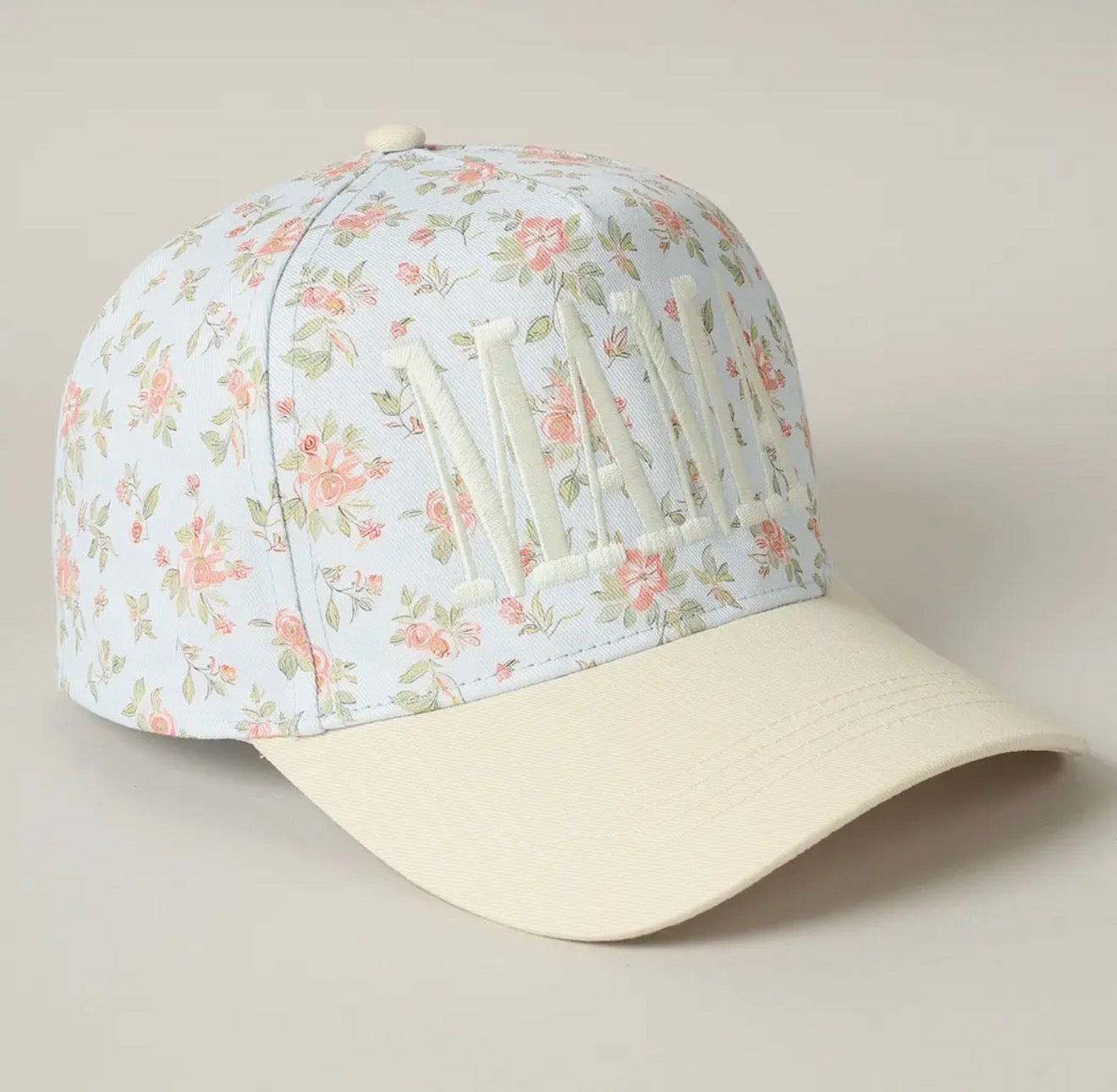 MAMA Embroidered Flower Pattern Trucker Hat: BLUE/BEIGE