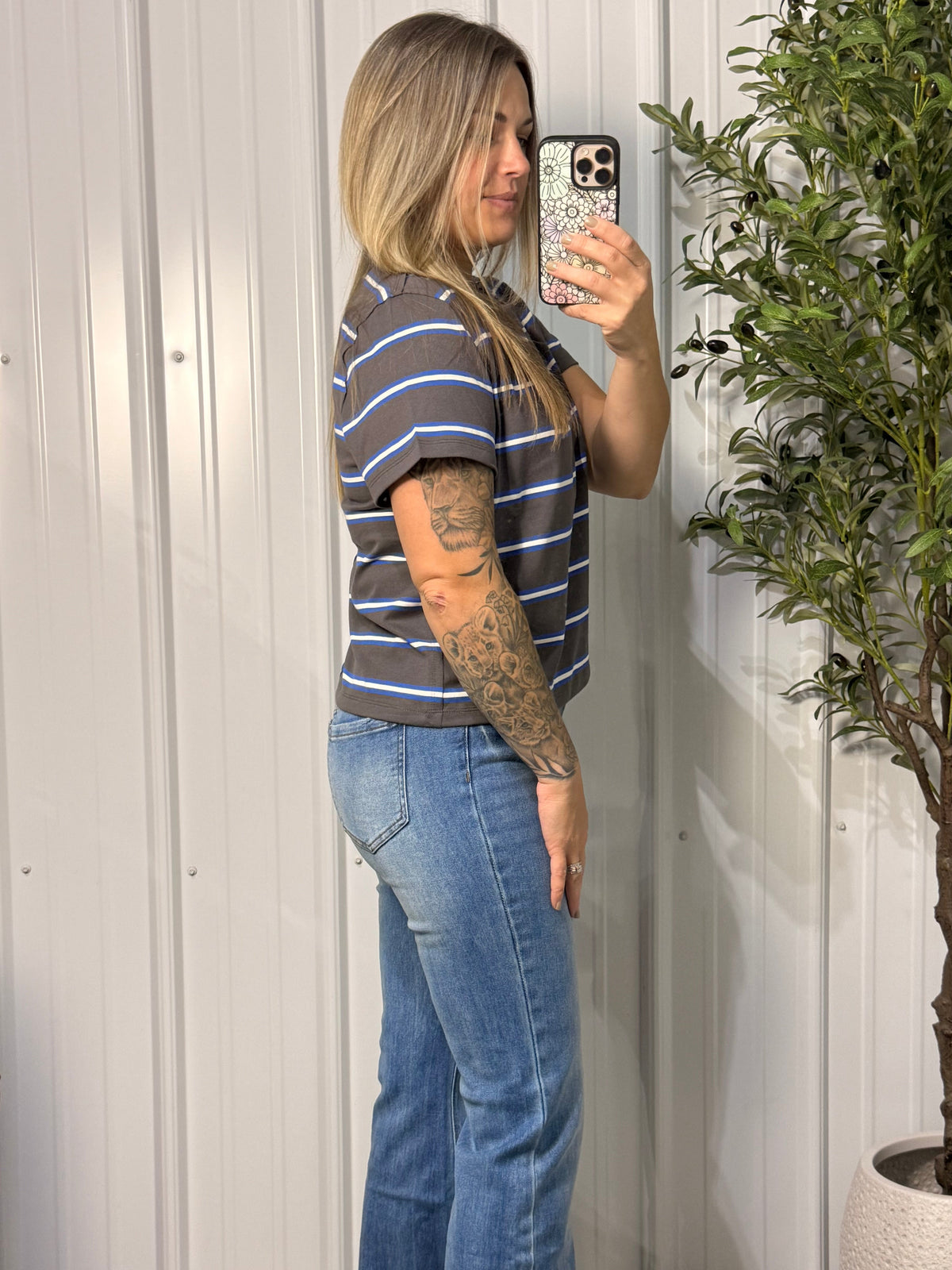 Gray Striped Boxy Short Sleeve Tee