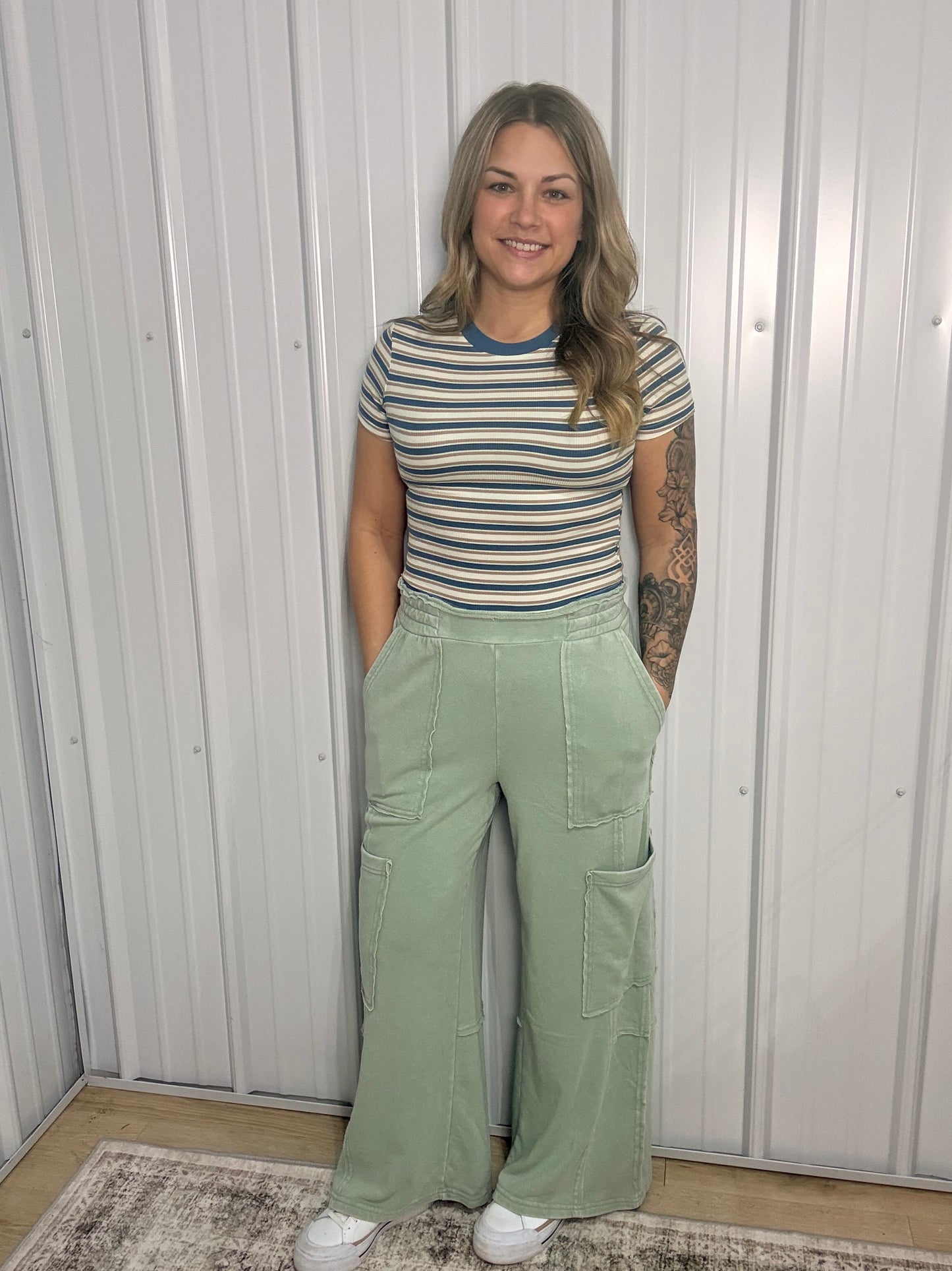 Mineral Wash Wide Leg Cargo Pant - Sage Green
