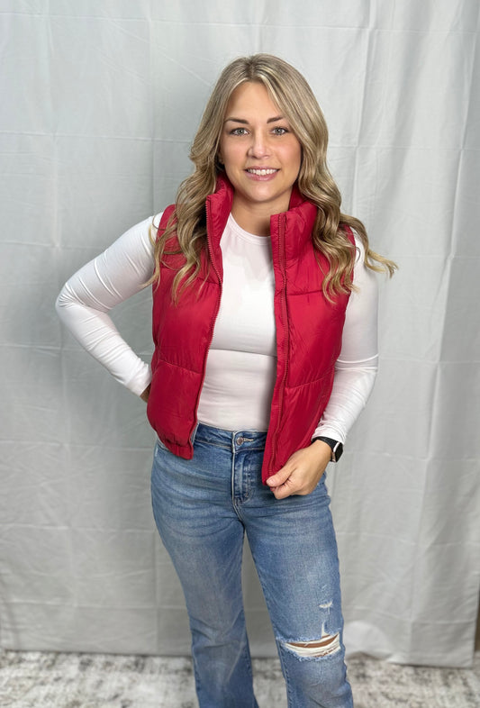 High Neck Faux Down Puffer Vest - DEEP RED