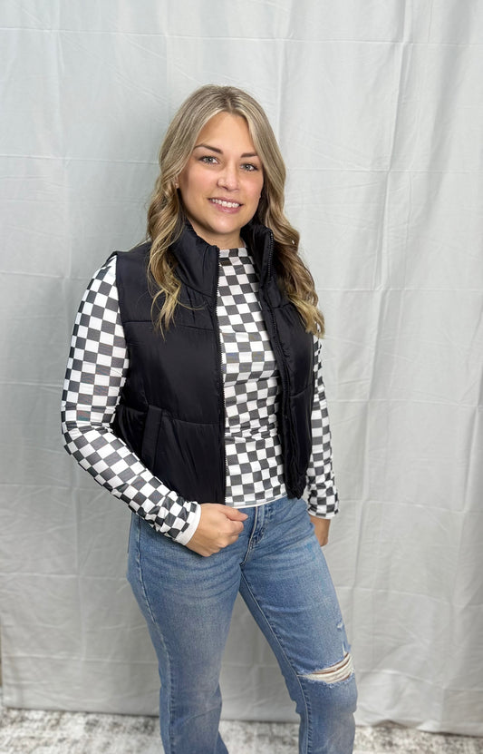 High Neck Faux Down Puffer Vest - BLACK