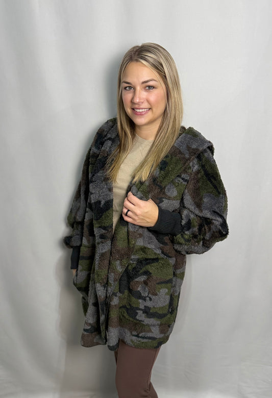 Camo Print Sherpa Open Jacket