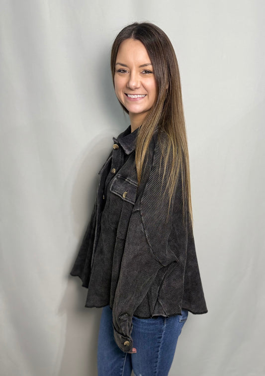 Black Mineral Wash Thermal Oversized Jacket