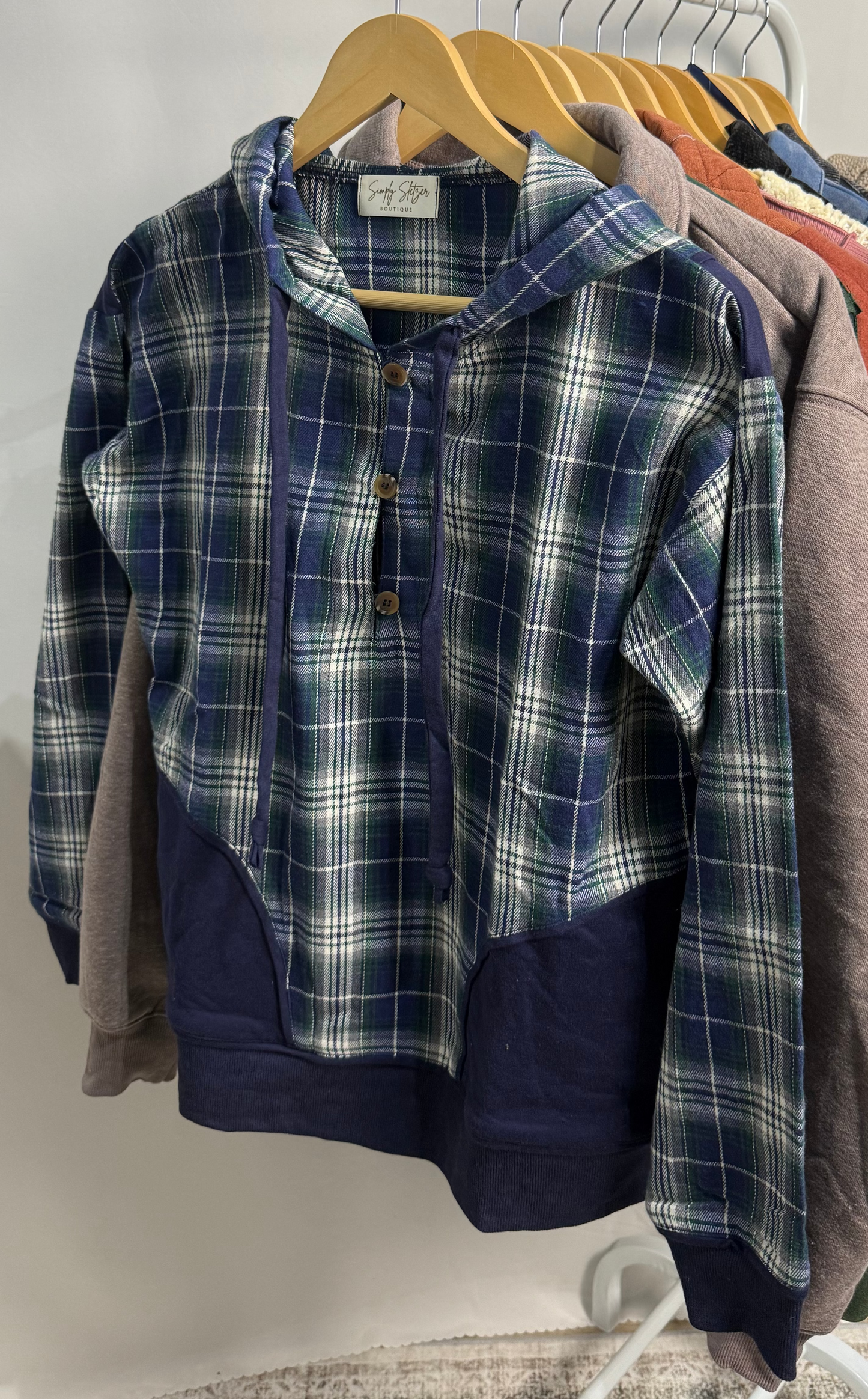 Navy Plaid Hoodie Pullover - True to size