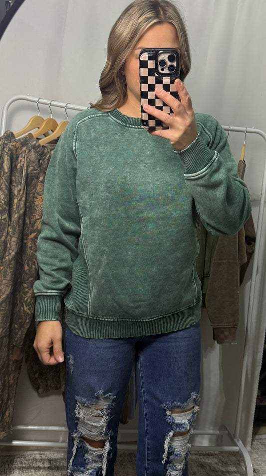 Side Ribbed Acid Wash Pullover - Dark Green