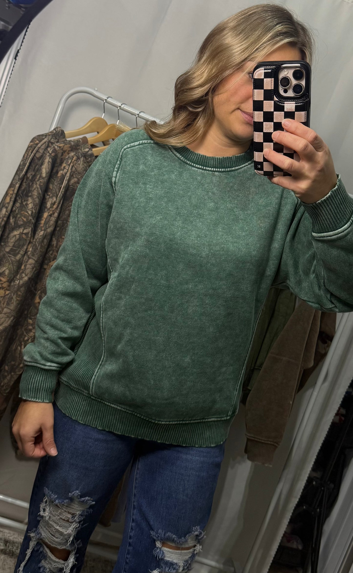 Side Ribbed Acid Wash Pullover - Dark Green
