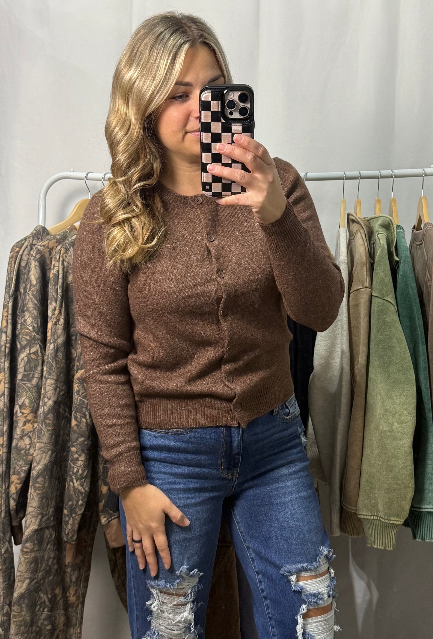 Round neck button Cardigan - Brown