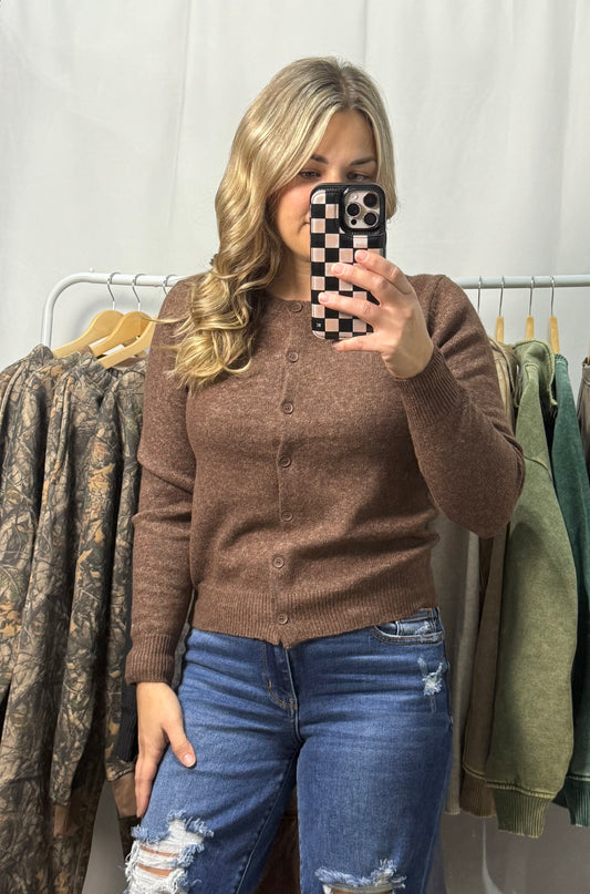 Round neck button Cardigan - Brown