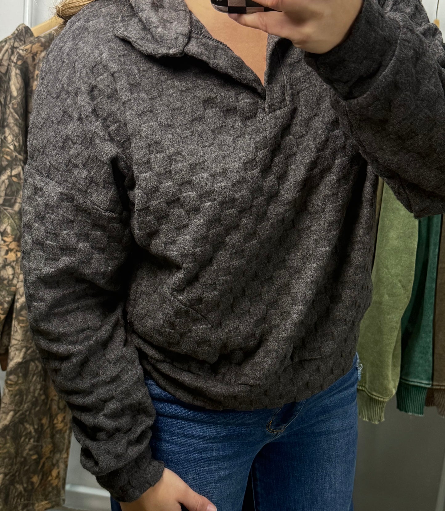 Textured Collared Pullover - Charcoal