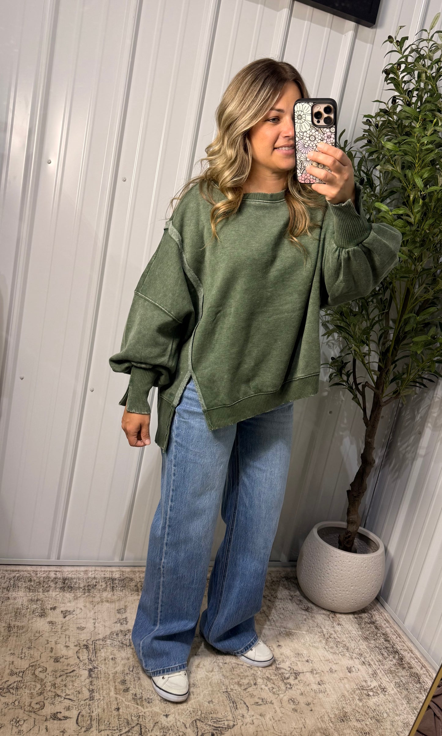 Evergreen Escape Acid-Wash Batwing Sweatshirt