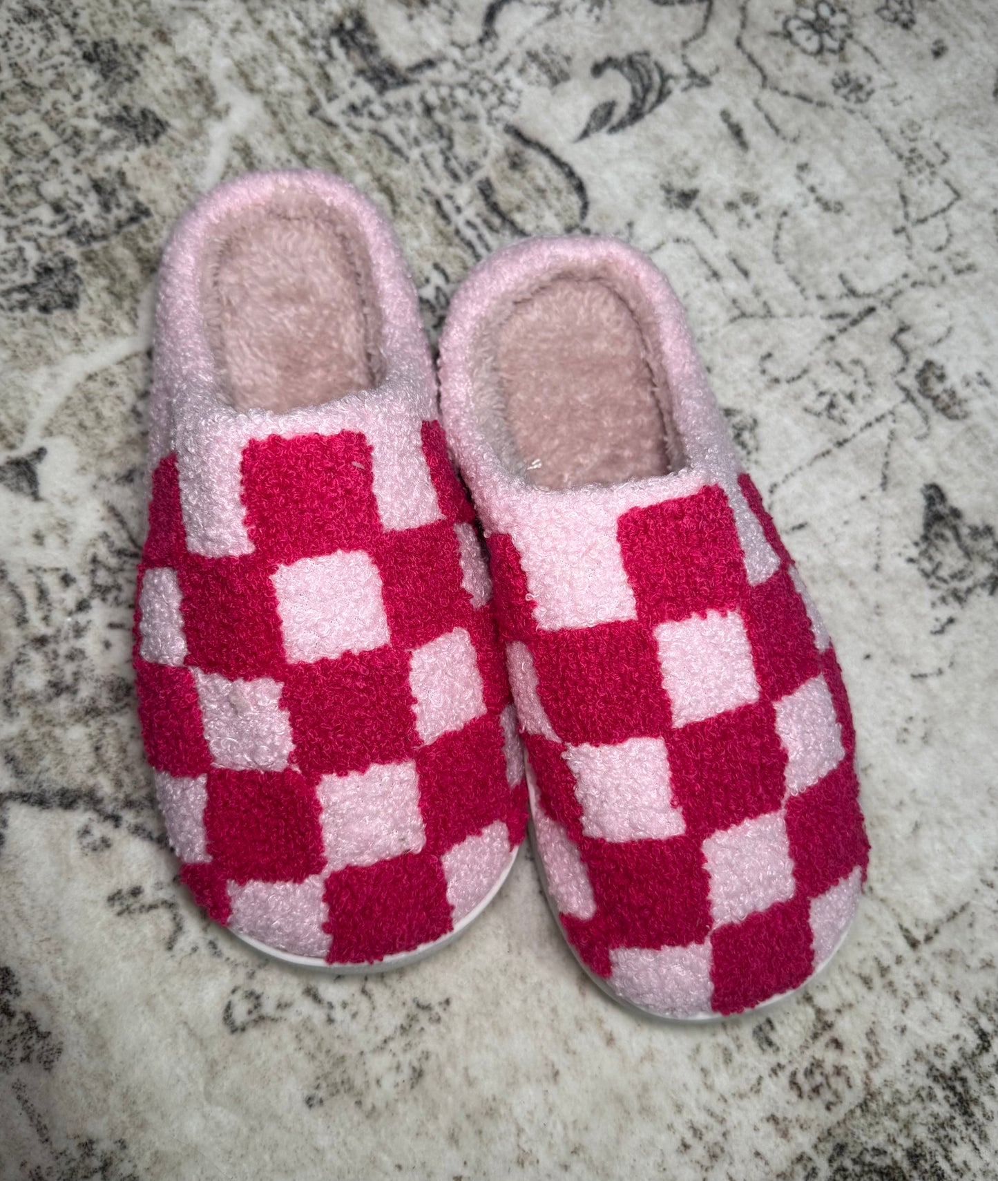Pink Checkered Plush Slippers