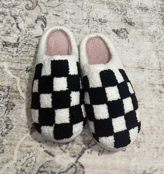 Black Checkered Plush Slippers
