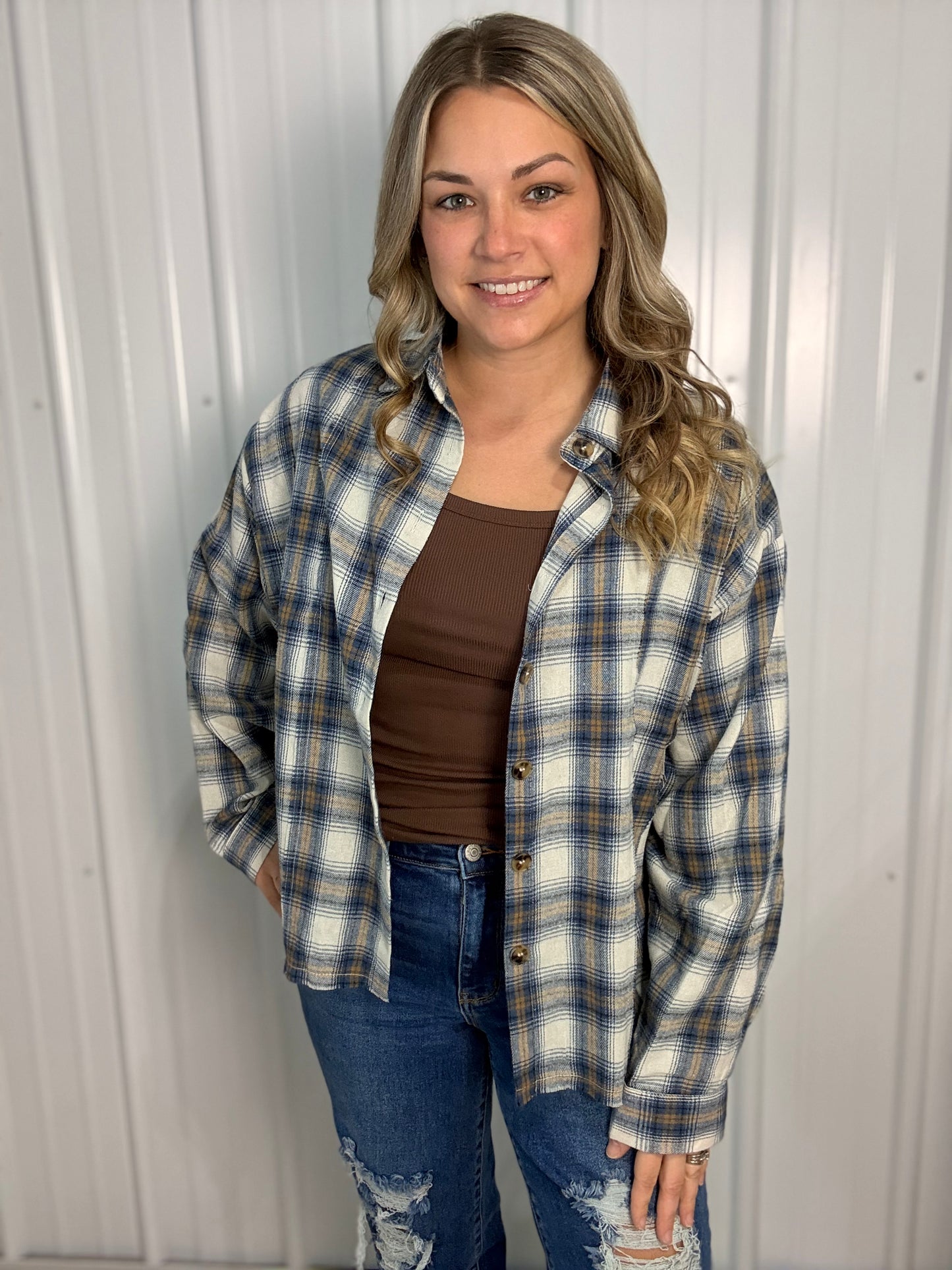 Raw Hem Denim Plaid Collared Shirt