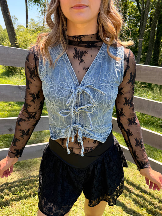 Floral Washed Denim Tie Vest