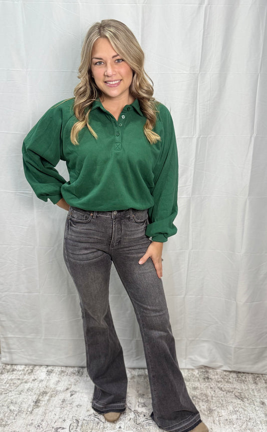 Cinched bottom Long-Sleeve Polo - HUNTER GREEN