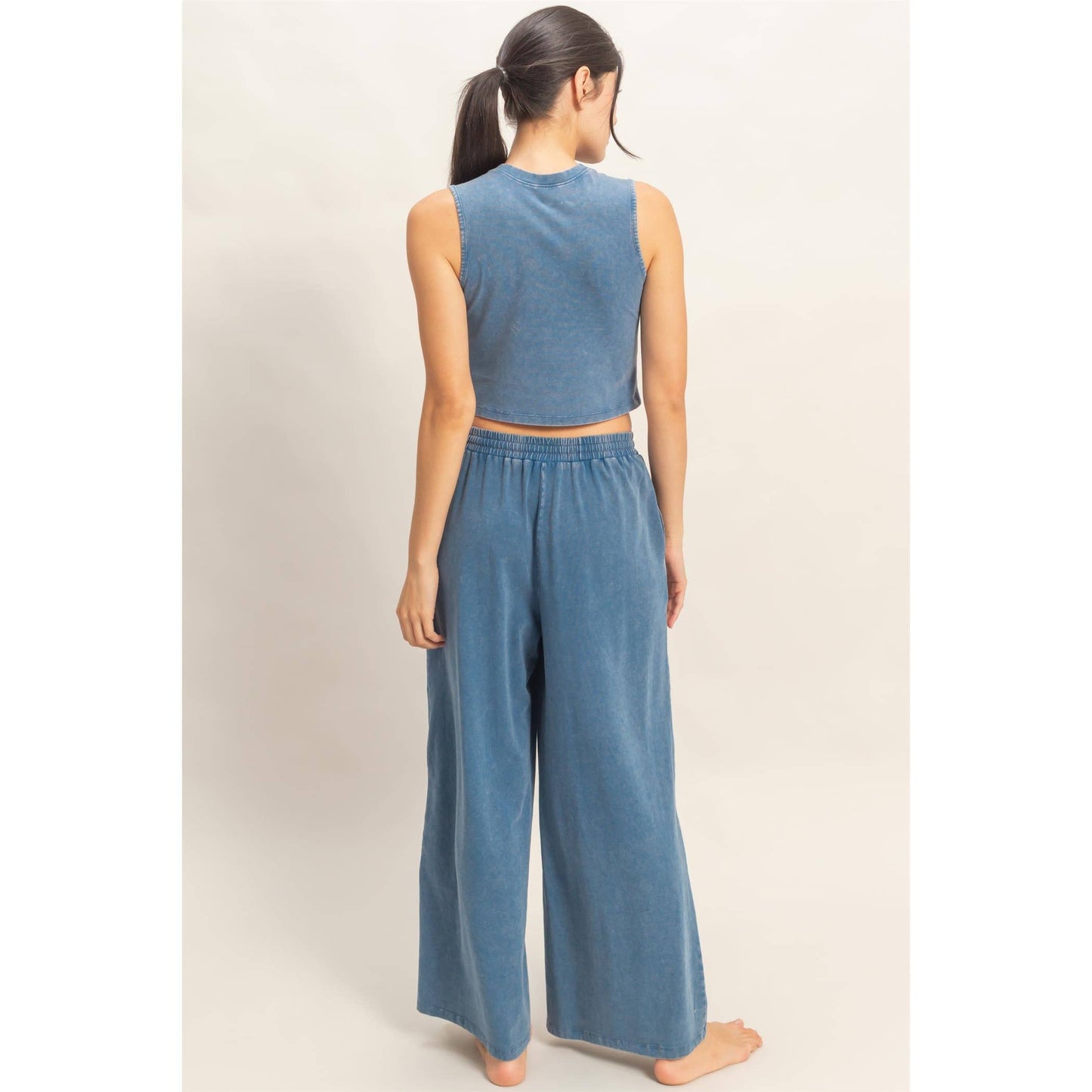 Mineral Washed Wide Leg Pants Set - NAVY