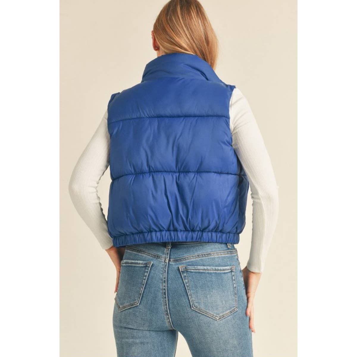 High Neck Faux Down Puffer Vest - MARINE