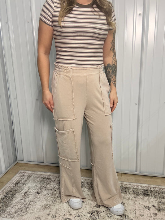 Mineral Wash Wide Leg Cargo Pant - Dark Taupe