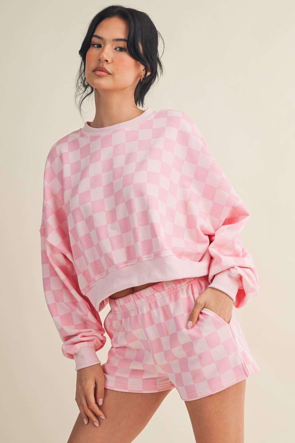 PINK Checkered Print Crop Crewneck Set