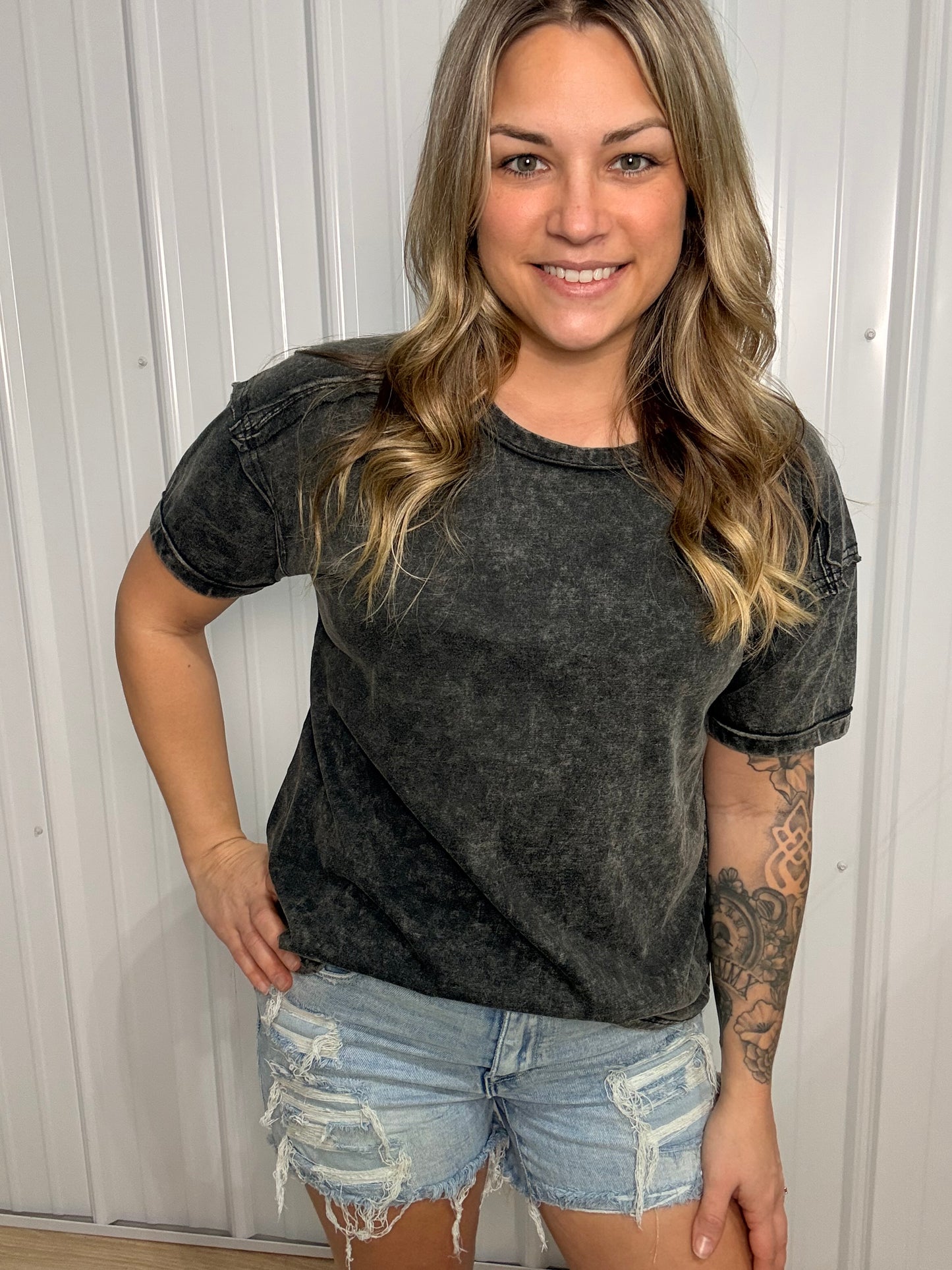 Ash Black Acid Wash Round Neck Tee