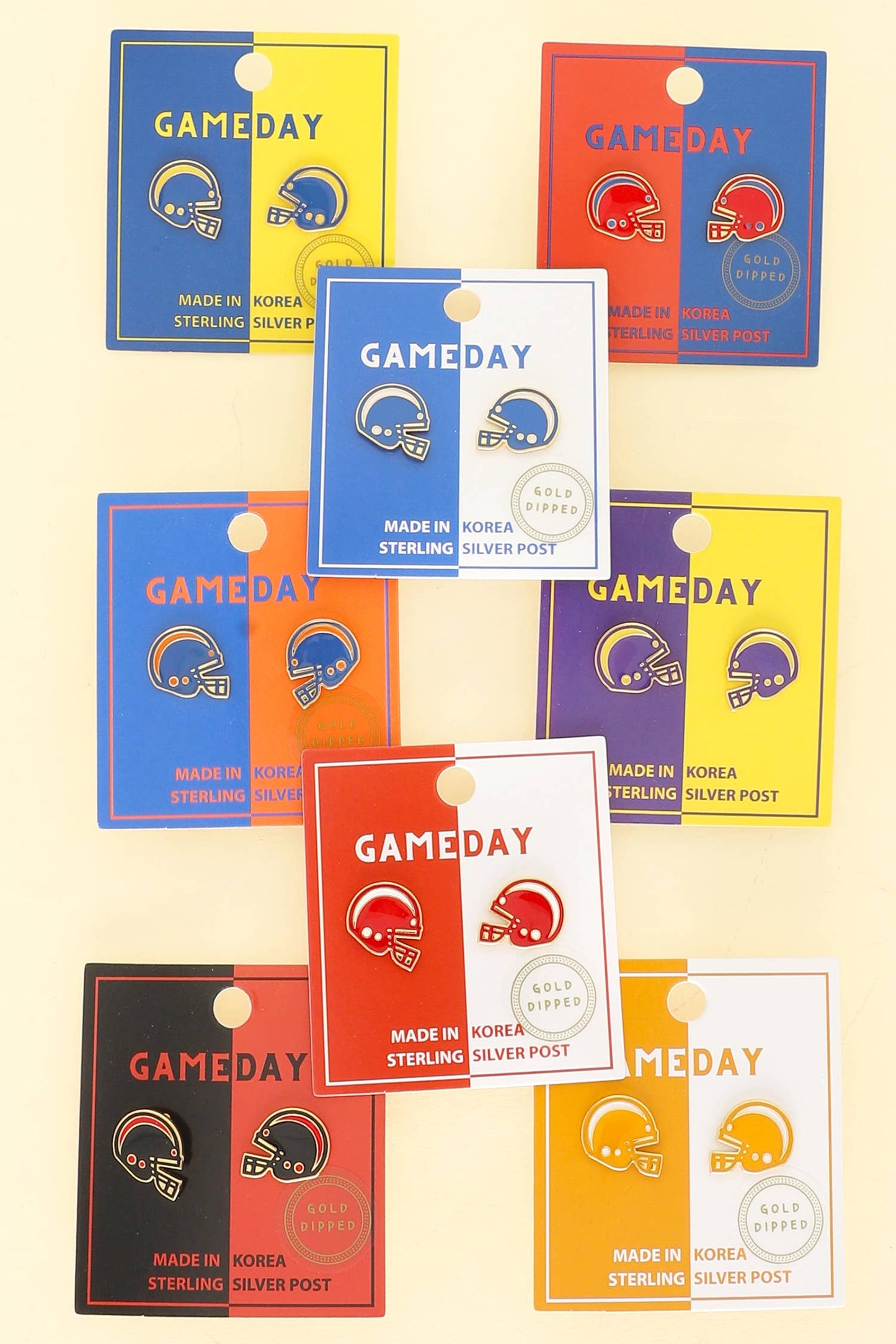 Game Day Football Helmet Gold Plated Stud Earrings : Blue & Yellow