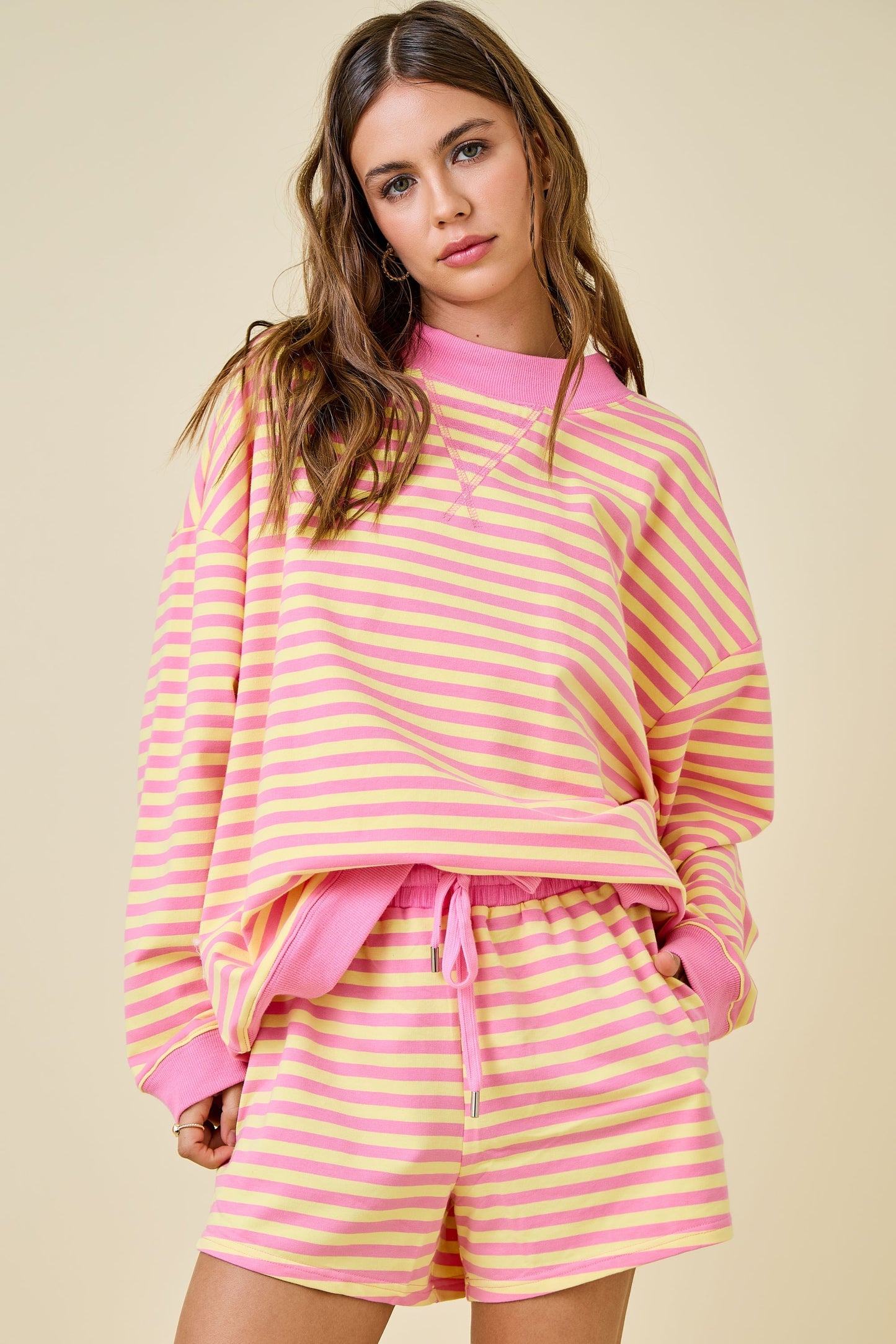 Striped Mock Neck Terry - Lemon/Pink