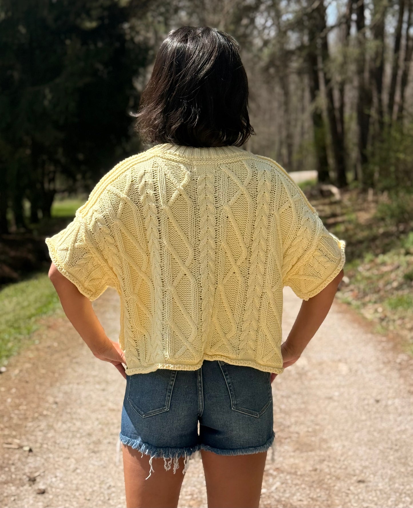 ROUND NECK SHORT SLEEVE KNIT SWEATER TOP: BUTTER YELLOW