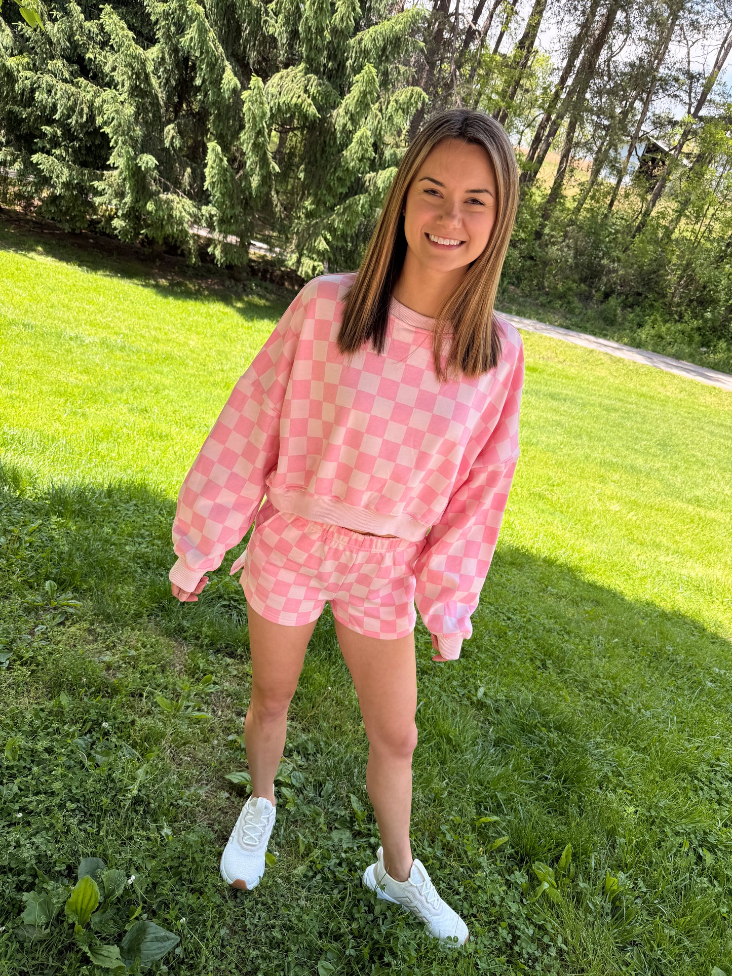 PINK Checkered Print Crop Crewneck Set
