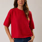 SHORT SLEEVE CREW NECK BOXY SWEATER TOP: Red