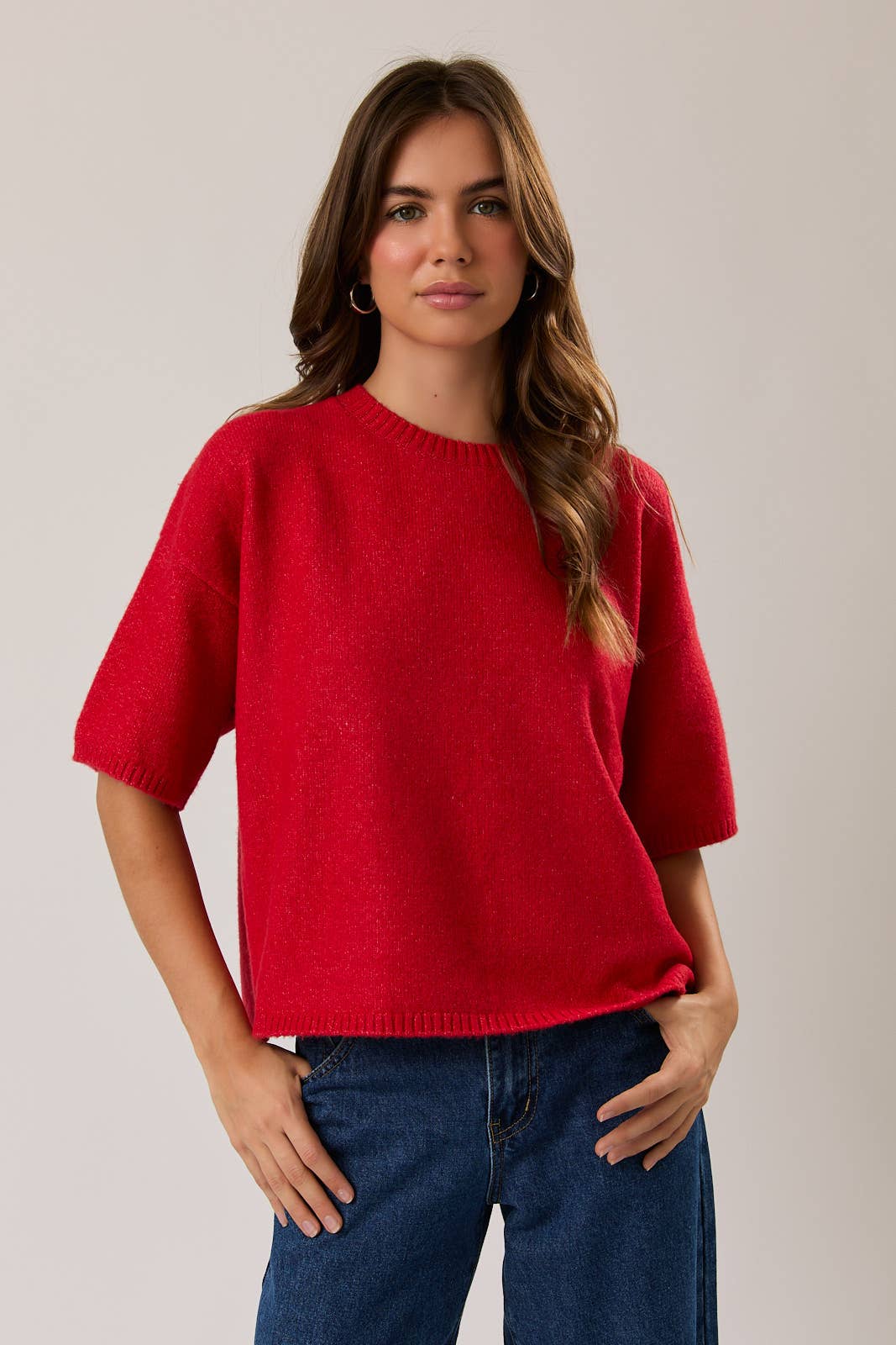 SHORT SLEEVE CREW NECK BOXY SWEATER TOP: Red