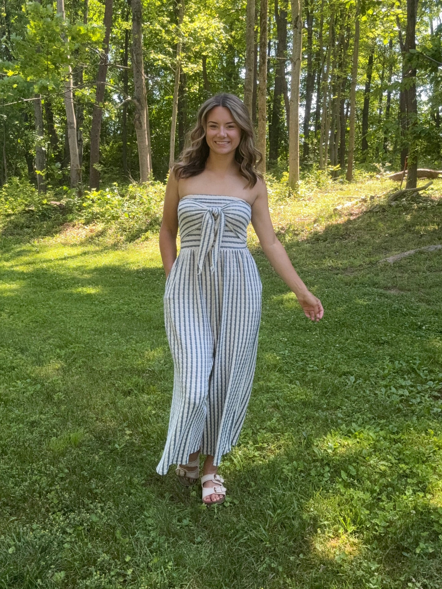 Striped Coastal Tie-Front Strapless Jumpsuit