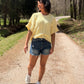 ROUND NECK SHORT SLEEVE KNIT SWEATER TOP: BUTTER YELLOW
