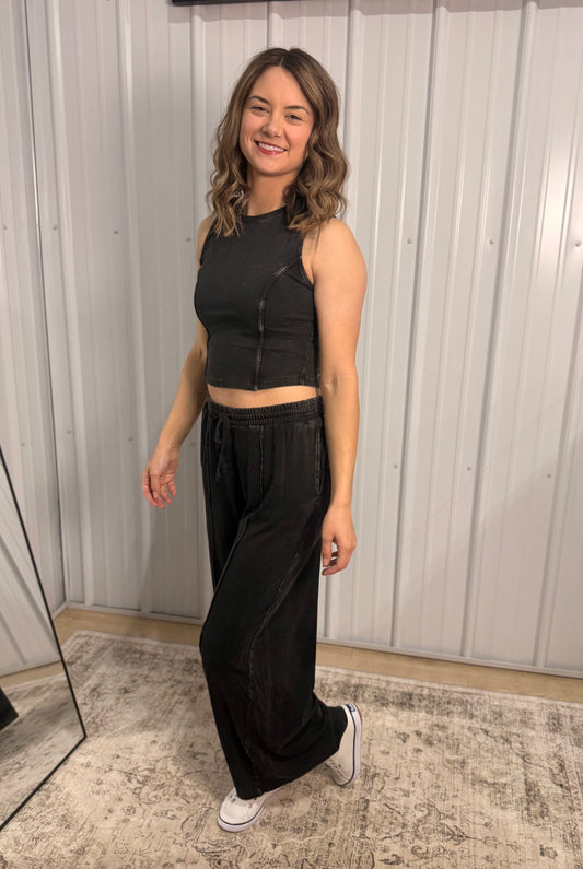 Mineral Washed Wide Leg Pants Set - BLACK