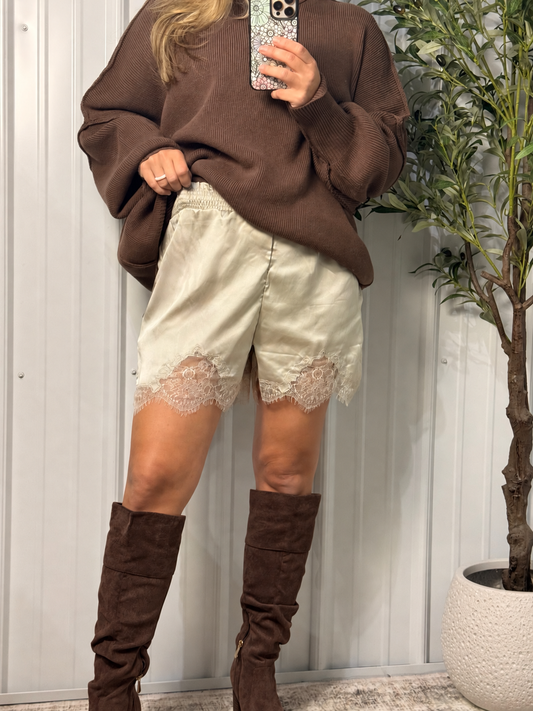 Satin Lace Shorts - Nude