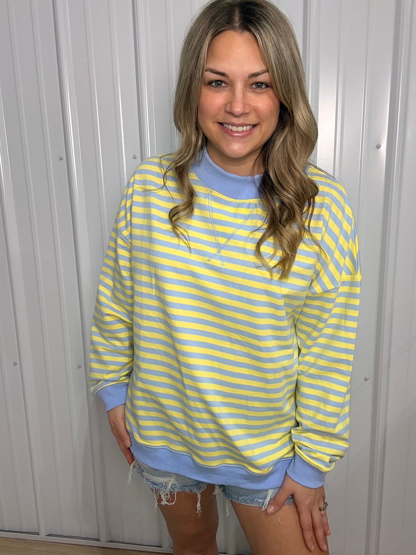 Striped Mock Neck Terry - Lemon/Blue