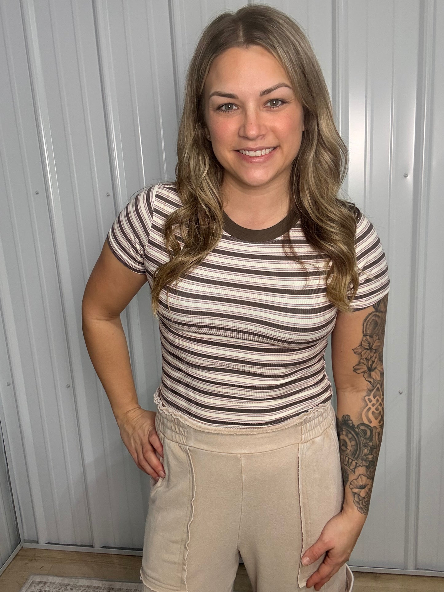Striped Ribbed Crop Tee - Taupe