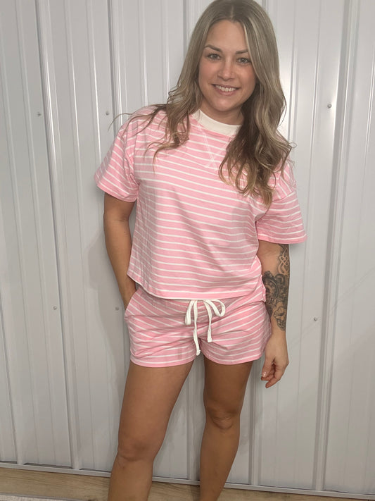 Striped Round Neck Short Sleeve Set - Pink