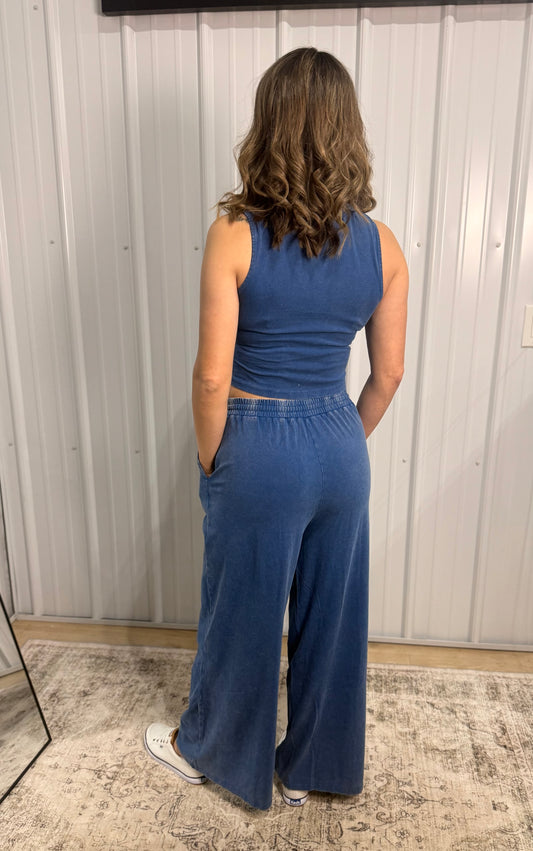 Mineral Washed Wide Leg Pants Set - NAVY